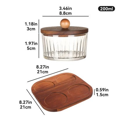 ANQIA Round Glass Snackle Box Container Snack Organizer and Fruit Platter with Acacia Wood Lids and Tray Divided Serving Tray for Nuts Candy Dry Fruits (4 Jars)