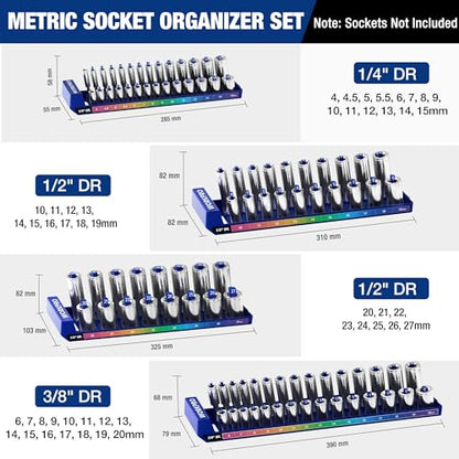 WORKPRO Socket Organizer Set, 4PC Impact Socket Holder, 1/4", 3/8", 1/2" Drive Metric Socket Trays, Impact Socket Organizer for Tool Box Drawer, Socket Storage Holds 94 Pieces (Socket not Included)