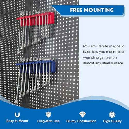 Magnetic Wrench Organizer, 2 PCS Tools Wall Mount Wrench Holder for 20 SAE and Metric Wrenches (Red & Blue(2PC), Wall Mount Wrench Organizer)