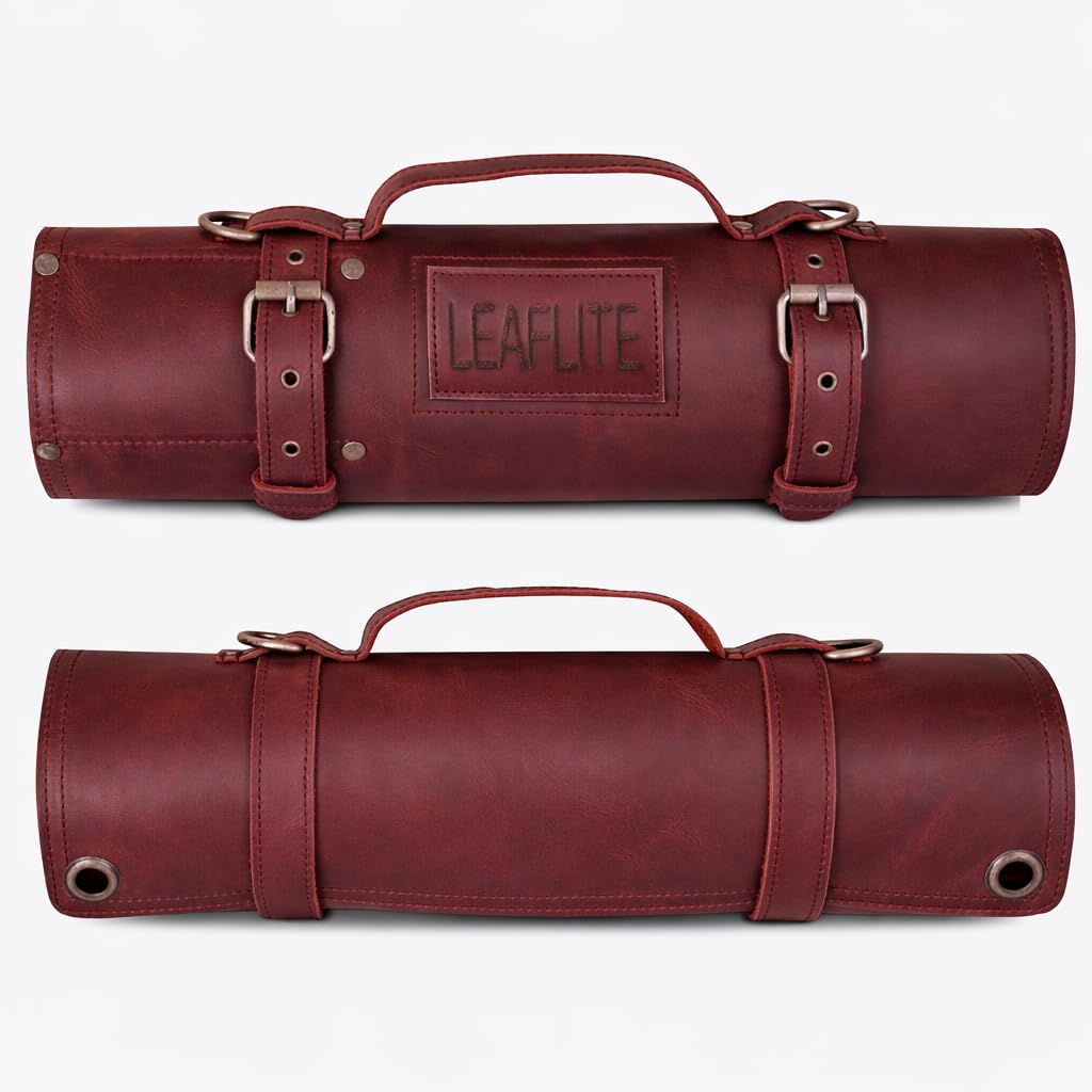 Leaflite Leather Knife Roll Bag – Chef Knife Bag with 7 Pockets – Durable Crazy Horse Leather Knife Roll for Professional Chefs – Portable Knife Storage Case