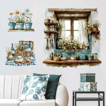 3D Fake Window Wall Stickers Green Plant Potted Wall Decals Daisy Green Leaf Wall Art Natural Scenery Wildflower Blossom Vinyl Removable Wall Mural for Kids Bedroom Kitchen Home Decoration 026