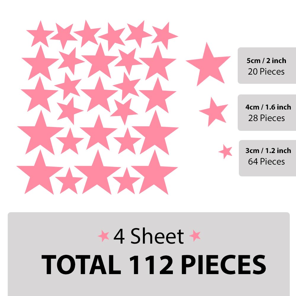 Wall Decals Baby Pink Stars for Kids Room, 3-4-5centimeter Mix 112 Pcs, Easy to Peel Easy to Stick, Safe On Walls and Paint, Vinyl Decor by Bugybagy. (Matte Baby Pink)