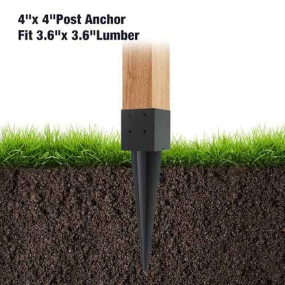 4 Pcs 4"x4" Fence Post Anchor Ground Spike 16"(Actual 3.6"x3.6") Heavy Duty Metal Fence Post Anchor with Black Powder-Coated for Deck,Fence,Porch,Railing,Mailbox