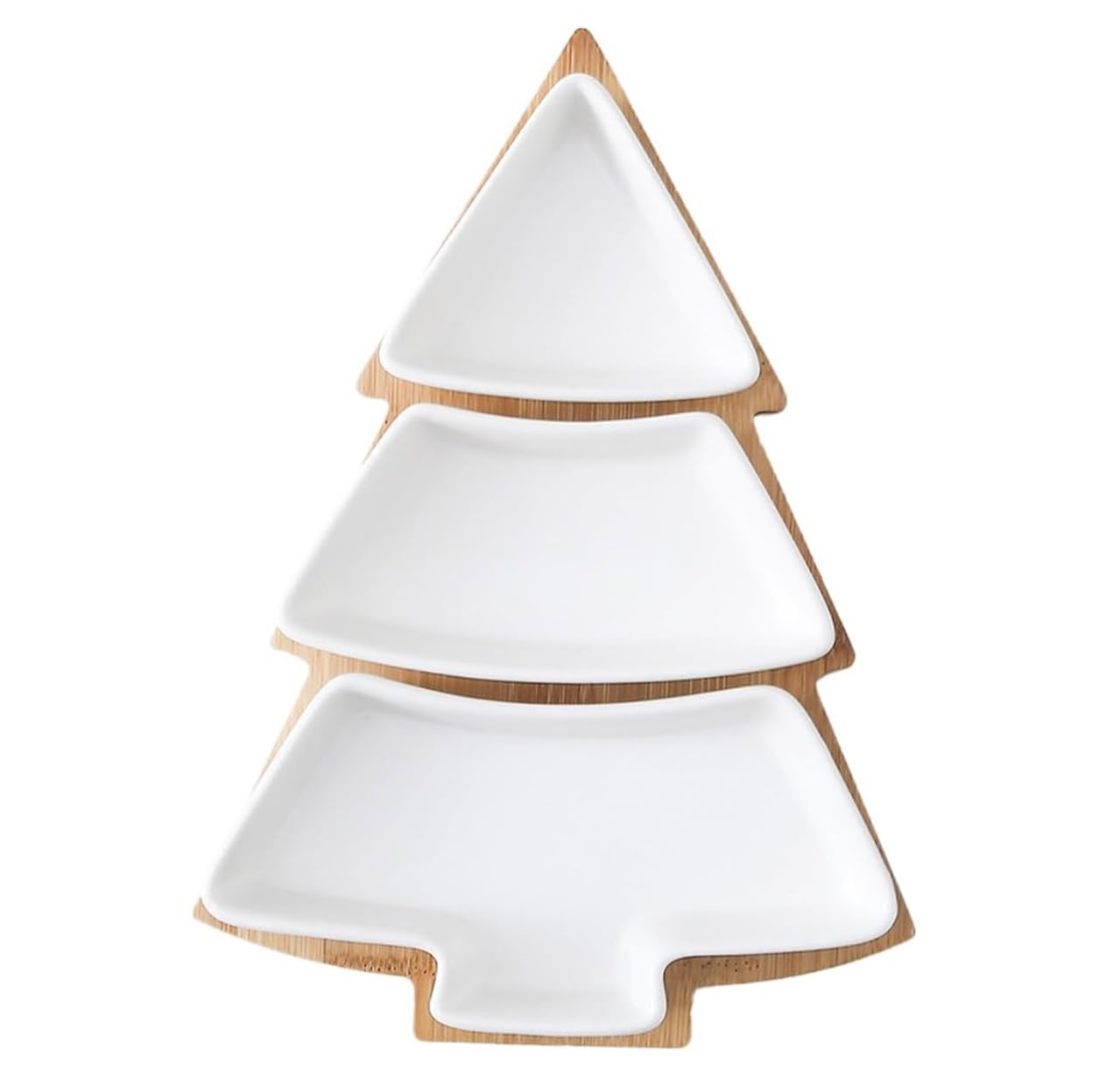 “Christmas Tree Shaped Serving Tray – 3 Tier White Ceramic Plates with Bamboo Stand – Holiday Snack & Dessert Display Platter”