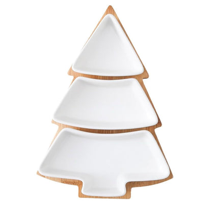 “Christmas Tree Shaped Serving Tray – 3 Tier White Ceramic Plates with Bamboo Stand – Holiday Snack & Dessert Display Platter”