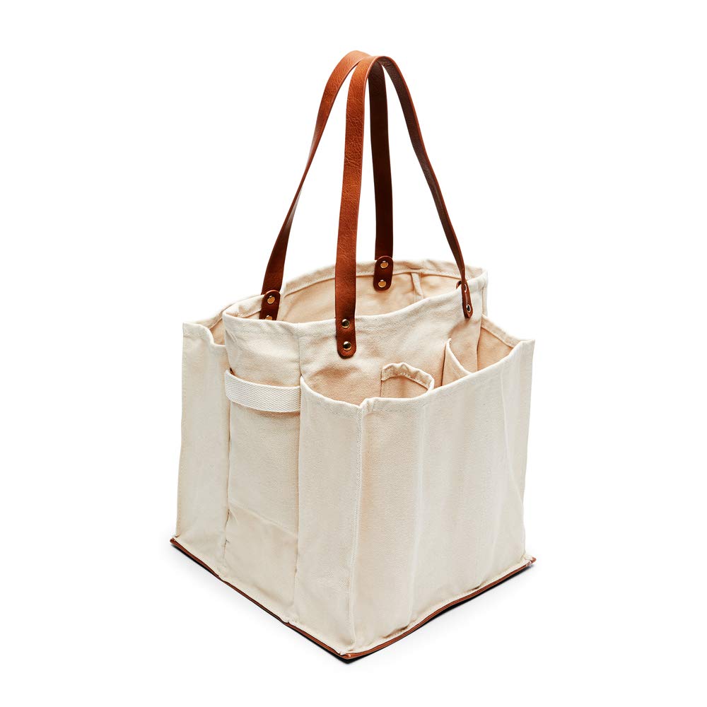 CapaBunga Farmer's Market Tote Shopping Bags with Handles - 7 Pocket Large Utility Tote Bag - Heavy Duty Canvas Utility Bag with Vegan Leather Base - Reusable Tote Bag - Natural Grocery Bag