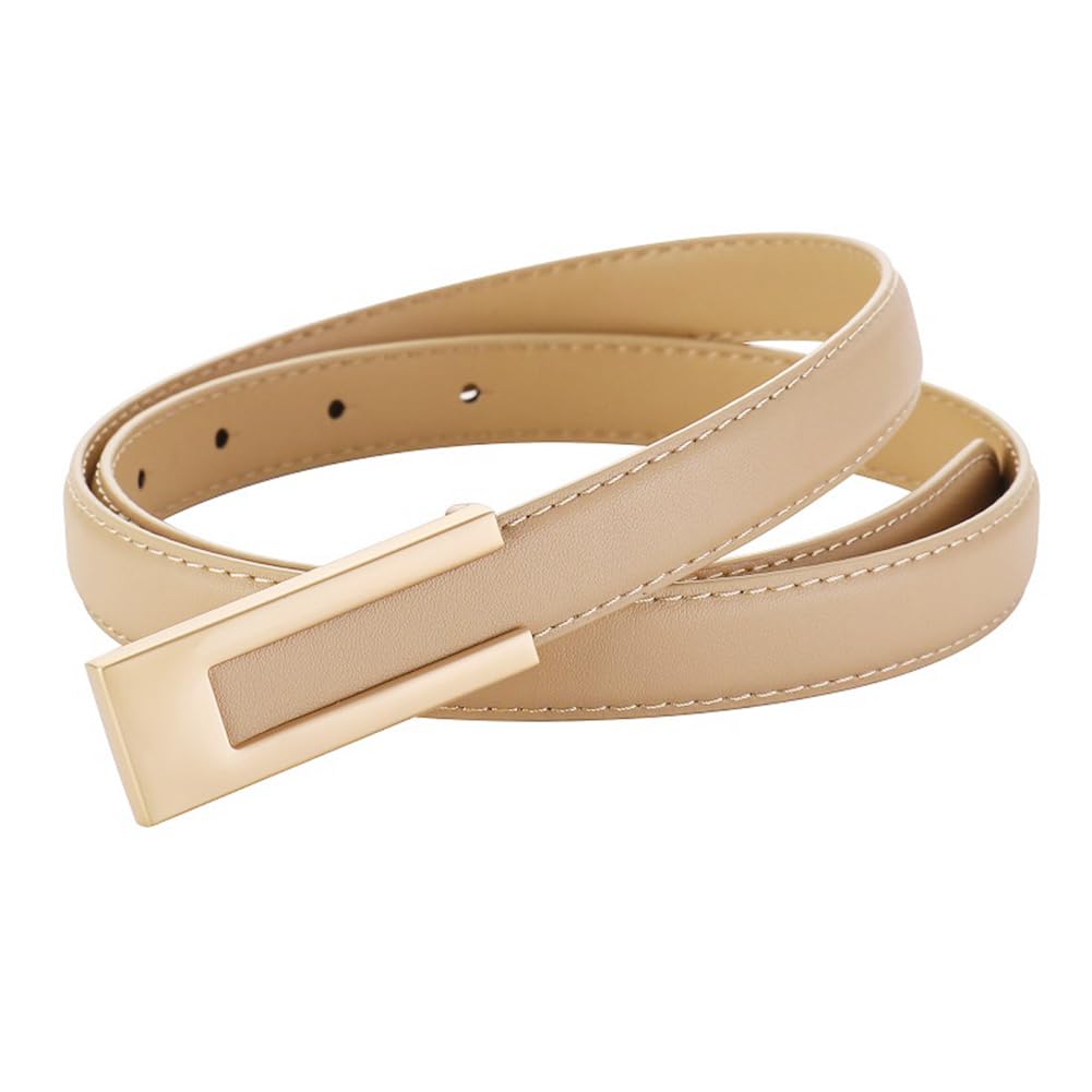 BAOKELAN Women Leather Belt Skinny Waist Belts for Dress Thin Waist Belt with Gold Buckle for Jeans Pants Apricot 120CM/47.2IN