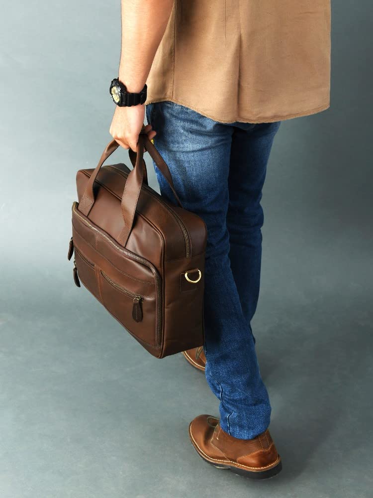 Gratlin Full Grain Buffalo Leather Briefcase For Men | Handcrafted Genuine Leather Messenger Bag for Men & Women | Brown Leather Laptop Bag for Men | Best Leather Bag Satchel Computer Case in 16 Inch