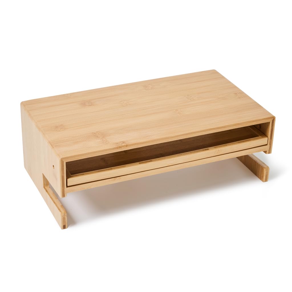 LICHIL Monitor Stand Desk Top Organizer with Storage Drawer & Phone Holder,Bamboo Monitor Stand with Keyboard Tray, Wide Monitor Riser Non Slip Desk Riser
