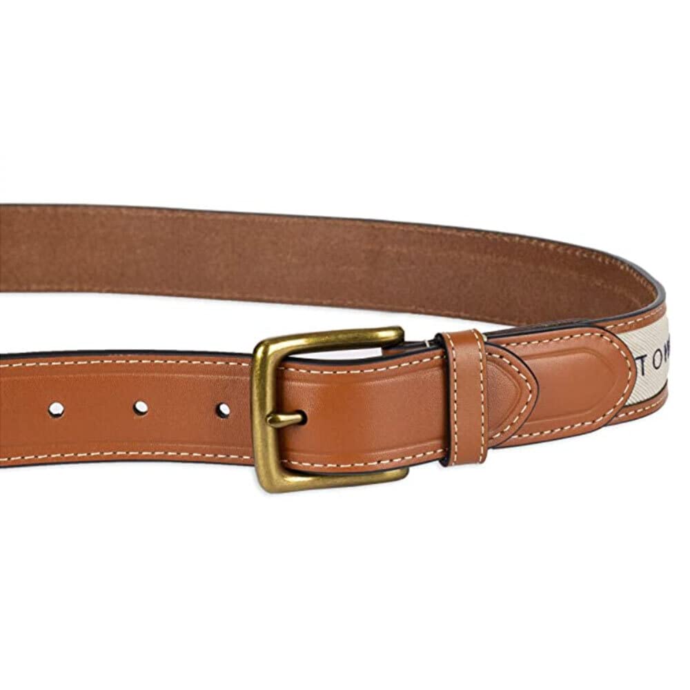 Tommy Hilfiger Men's Ribbon Inlay Belt - Ribbon Fabric Design with Single Prong Buckle, Khaki, 38