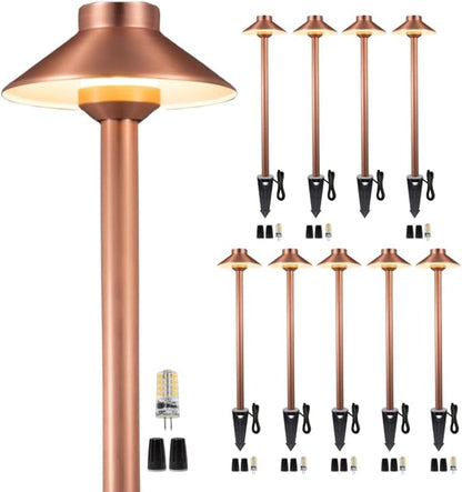 Gardenreet Brass Landscape Lighting Low Voltage, 12V AC/DC Waterproof LED Outdoor Copper Path Lights(Hat) for Sideway Garden with 3W G4 Bulb 2700K(10 Pack)