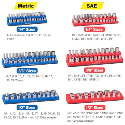 Spurtar Magnetic Socket Organizer 6Pcs, Metric and SAE Magnetic Socket Holder Includes 1/4", 3/8", 1/2" Drive Metric SAE Socket Organizer for Tool Box Drawer, Holds 143 Standard and Deep Size