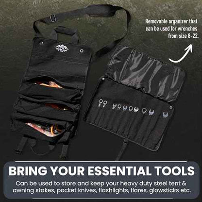 Roll Up Heavy Duty Tool Bag 900D Canvas & 1680D Straps - Detachable Wrench Roll + Mesh Pockets - For Overlanding, Camping, Vanlife, Road Trips, Offroading (Black)