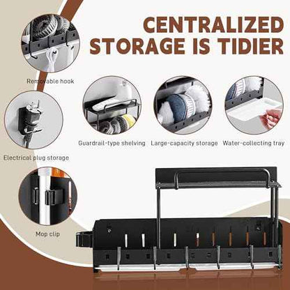 Wall-Mounted Cleaning Tool Organizer, 16.14x4.33x3.74 inches, Black Storage Rack with Drip Tray, Mop Holder with 5 Hooks