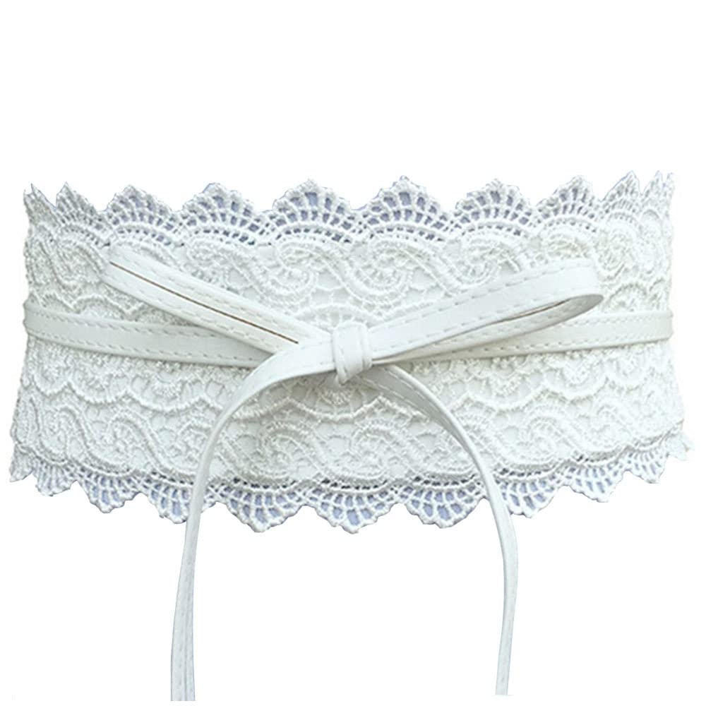 QIANXISUN Women's 2 Packs Lace Waist Belt Bow Tie Wrap Around Soft Leather Boho Corset Fashion Elegant for Dresses (White)
