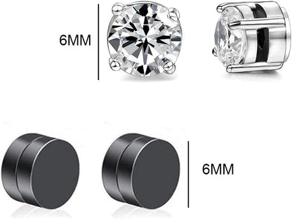 LIUJZZJ 6 Pairs Stainless Steel Magnetic Earrings for Men Women Girls Magnetic Stud Earrings Clips Tunnel Ear Clips Without Ear Hole Non Piercing Earrings Set Black Silver Tone, Stainless Steel