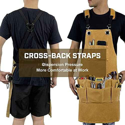 Woodworking Tool Apron, 22 OZ Waxed Canvas Durable Heavy Duty Work Shop Apron, Adjustable to Size S to XXL