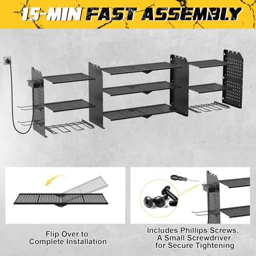 Power Tool Organizer Wall Mount with Charging Station, Expanded Width Power Tool Storage Rack, Large Tool Battery Organizer with Screwdriver/Hammer Heavy Duty Garage Storage