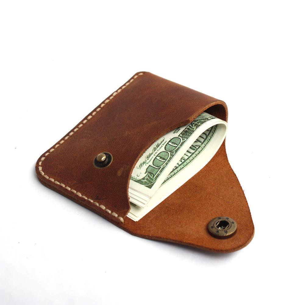 Handmade Genuine Leather Card Holder with Snap Closure - Ultra Slim Minimalist Wallet, Hand-Stitched Compact Front Pocket Card Case for Men & Women (Brown)