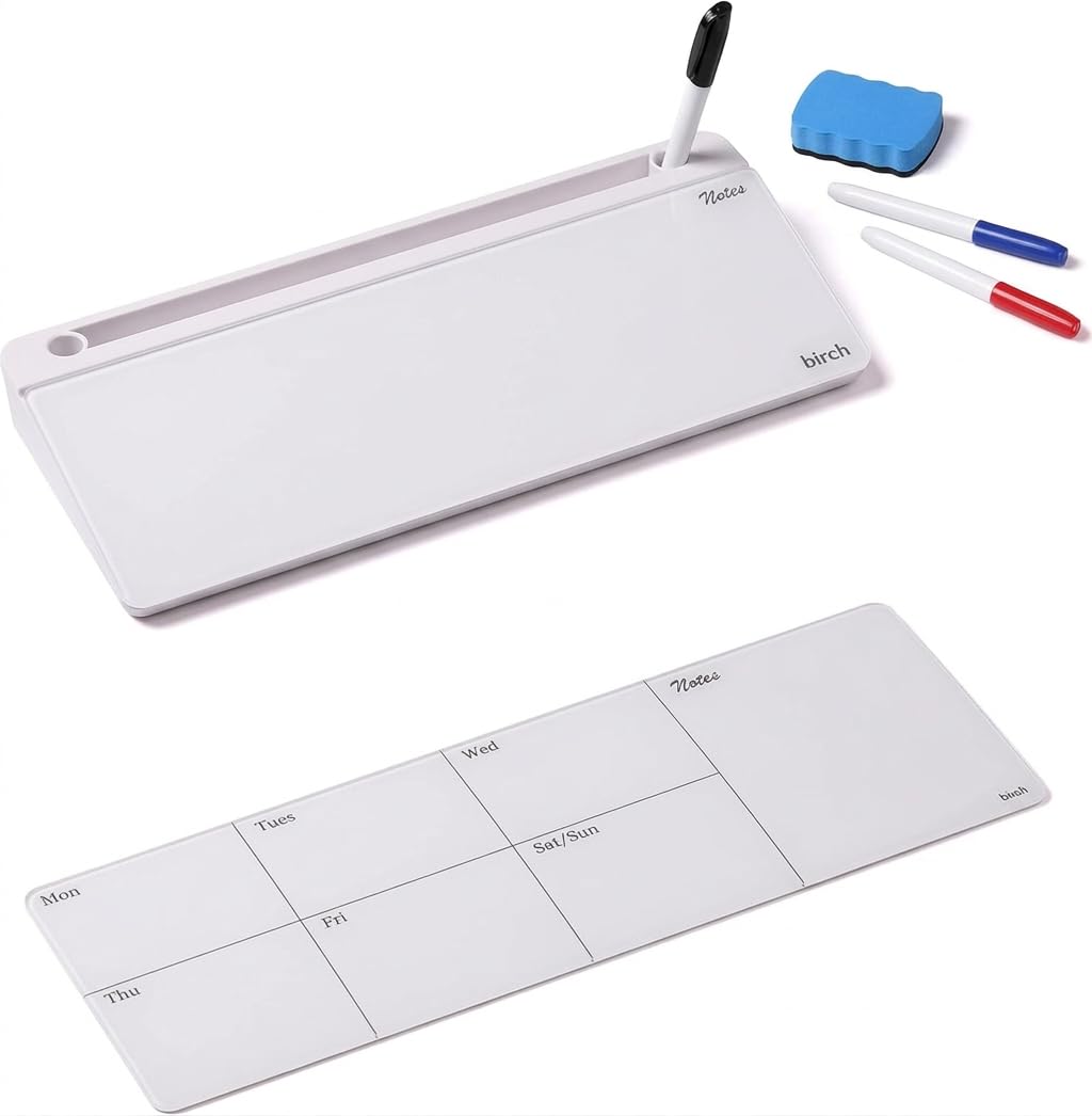 Birch Small Desktop Glass Whiteboard & Magnetic Calendar – Dry Erase Desk Pad Keyboard Stand with Storage, Adjustable Dividers, 3 Markers & Eraser – Office, Home & School (Cloud)
