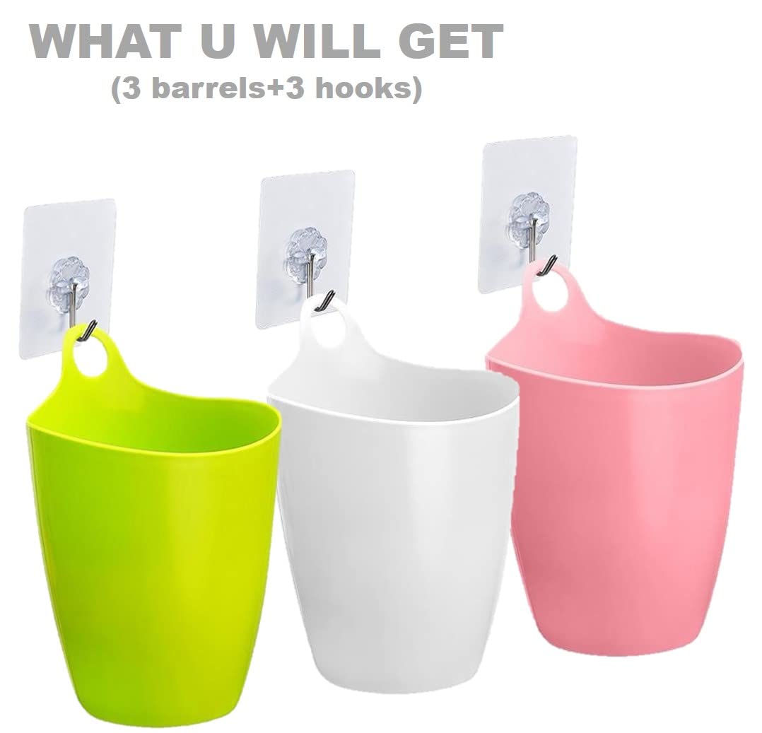 QUALIALL Declutter and Organize with Our Hangable Desktop Trashcan - Small, Multifunctional, and Stylish - Perfect for Makeup Brushes, Lint, and More! Plastic Pink Green White, 3packs