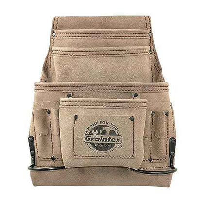Graintex 10 Pocket Nail & Tool Pouch, Beige Color Suede Leather Tool Bag, Tool Belt for Constructors, Electricians, Handymen, HVAC Tools, Professional Organizer with Adjustable Fit - SS2170