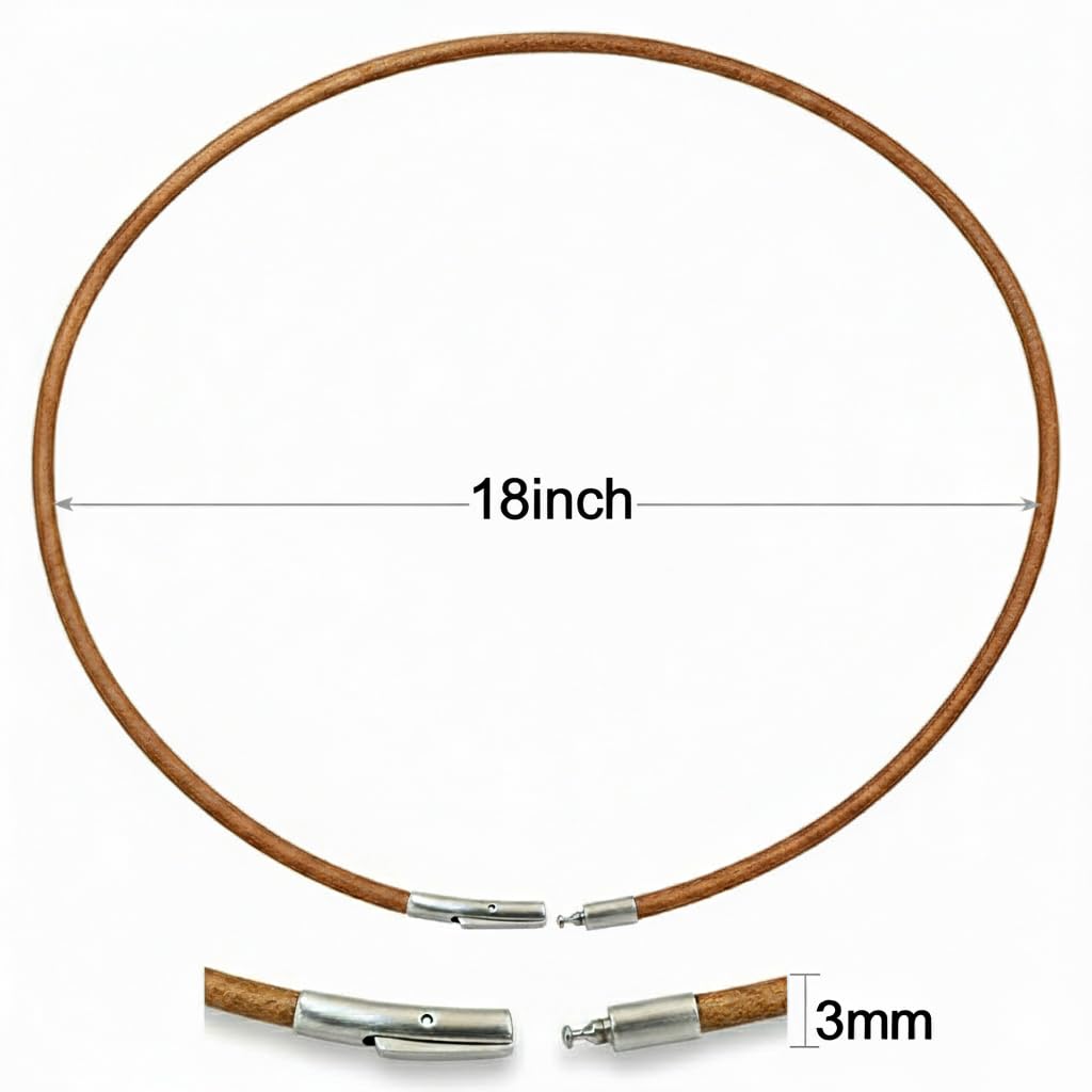 Leporem Minimalist Genuine Brown Leather Cord Necklace Pendant Holder Hypoallergenic Stainless Steel Push-Lock Clasp Wrap Bracelet (18 Inch)
