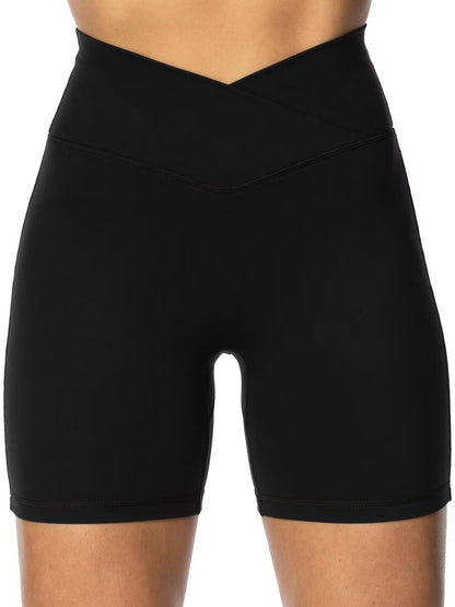 Sunzel Sunzfly Crossover Biker Shorts for Women, V Criss Cross High Waist Yoga Workout Gym Shorts with Tummy Control 6" Inseam Black Large