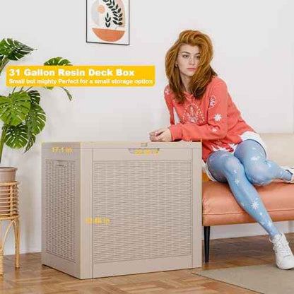 DRATO 31 Gallon Deck Box, Outdoor Storage Box for Patio Cushion, Garden Tools, Waterproof Resin Storage Box (Light Brown)