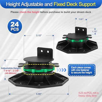 24Pack Upgraded Adjustable Deck Support Pedestal Paver Raising from 1-9/16" to 2-3/8", with Fastener Ring for Maximum Stability, Deck Foundation Base Support Flooring Joist Supports, Black