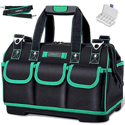 AIRAJ Tool Bag 18 Inch,Wide Mouth Tool Bags for Men Heavy Duty With Waterproof Molded Base,Tools Organizer for Home Repairs,Garage Storage,Professional Work,Adjustable Shoulder Strap,Green