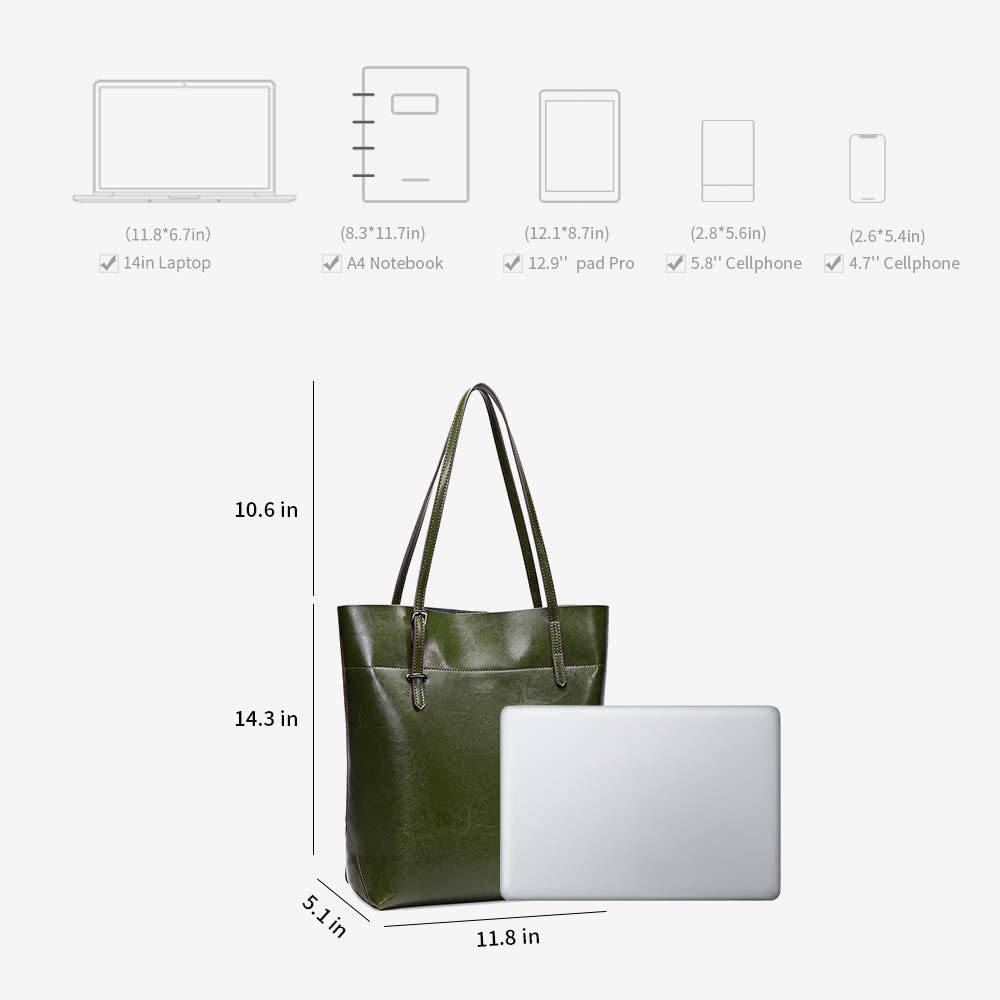Kattee Vintage Genuine Leather Tote Shoulder Handbag for Woman with Adjustable Handles (Green)
