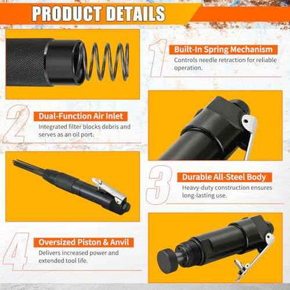Compact Air Needle Scaler, 1/4" Air Powered Rust Paint Weld Remover Cleaner, 90psi Needle Scaler for Removing Lag Rust Paint and Dirt