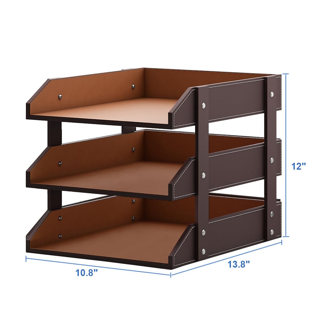 Leather Desk Organizer, Thipoten 3-Tier Stackable Letter Tray Holder for Office Supplies, Paper, File, Magazine, Perfect Office Organization for Desktop (Brown-3Tiers)