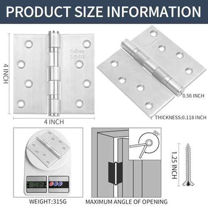 3 Pack Full 316 Stainless Steel Door Hinges 4x4 Inch Heavy Duty Marine-Grade Rust Proof Ball-Bearing Hinges for Interior & Exterior Outswing Doors, Gates, High-Salt Environments