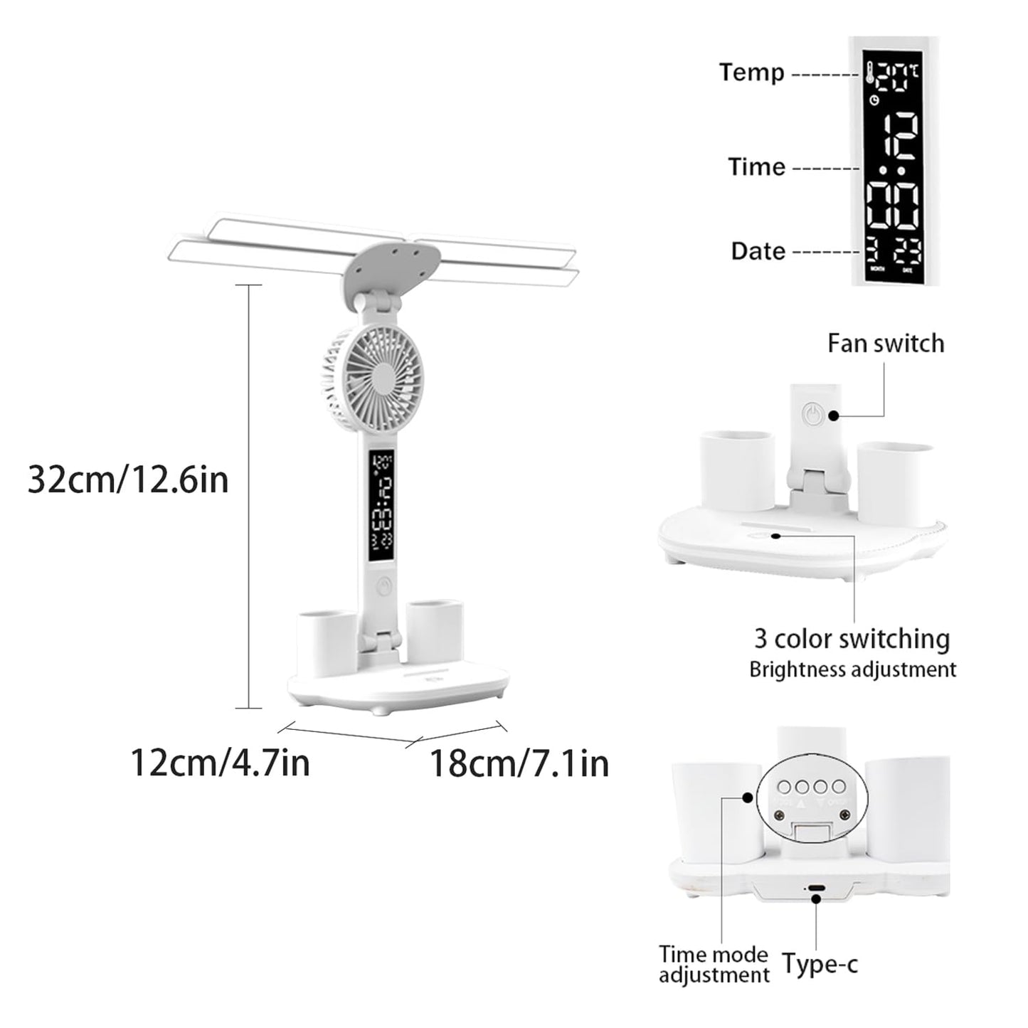 niccryle Led Desk Lamp with Fan Study Light with Clock, Adjustable Foldable Table Lamp with Pen Holder, 3 Brightness Levels, USB Charging Port