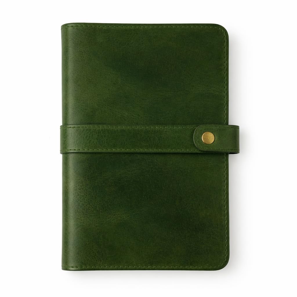 TheAntiq Genuine Leather A5 Journal Cover with Snap Closure – Handmade Refillable Notebook with Card Slots, Pen Holder, Travel Writing Diary for Office & Gift Use 5.75 x 8.25 (Green)