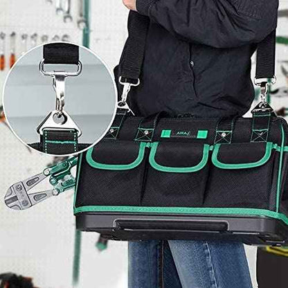 AIRAJ Tool Bag 18 Inch,Wide Mouth Tool Bags for Men Heavy Duty With Waterproof Molded Base,Tools Organizer for Home Repairs,Garage Storage,Professional Work,Adjustable Shoulder Strap,Green