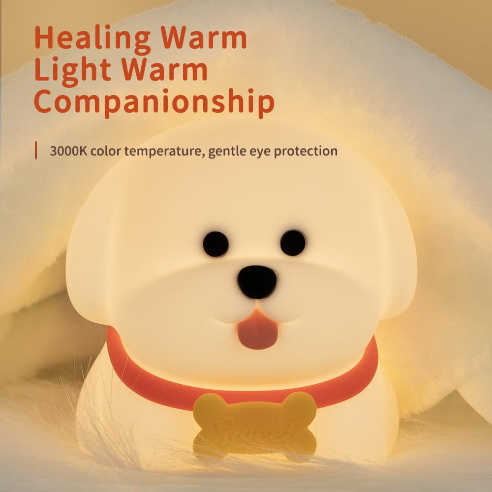 Wonderboy Puppy Night Light, 3000K Warm Light, RGB Color Mode, Adjustable Brightness, 15-Min Auto Off, Silicone, White