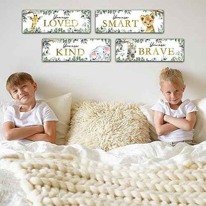 4 Pieces Kids Room Wall Decor Wooden Sign, 11.8" x 3.9" Jungle Animals Motivational Wall Art for Kids Room Nursery Playroom Classroom, You are Loved/Brave/Kind/Smart-A06