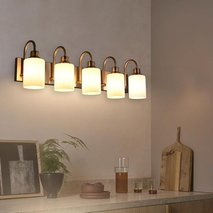 VINLUZ 5 Light Vanity Light,Brushed Nickel Bathroom Lighting Fixture Over Mirror with Opal White Glass Shade Modern Interior Wall Mounted Lights for Hallway Makeup Table