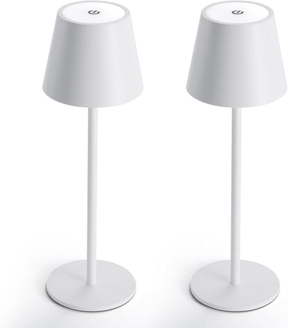 Maksone 2 Pack LED Cordless Table Lamp, 6600mWh Rechargeable Battery Desk Lamp, 3000K Stepless Dimming Night Light, IP54 Waterproof Metal Outdoor Portable Lamp for Camping, Restaurant (White)