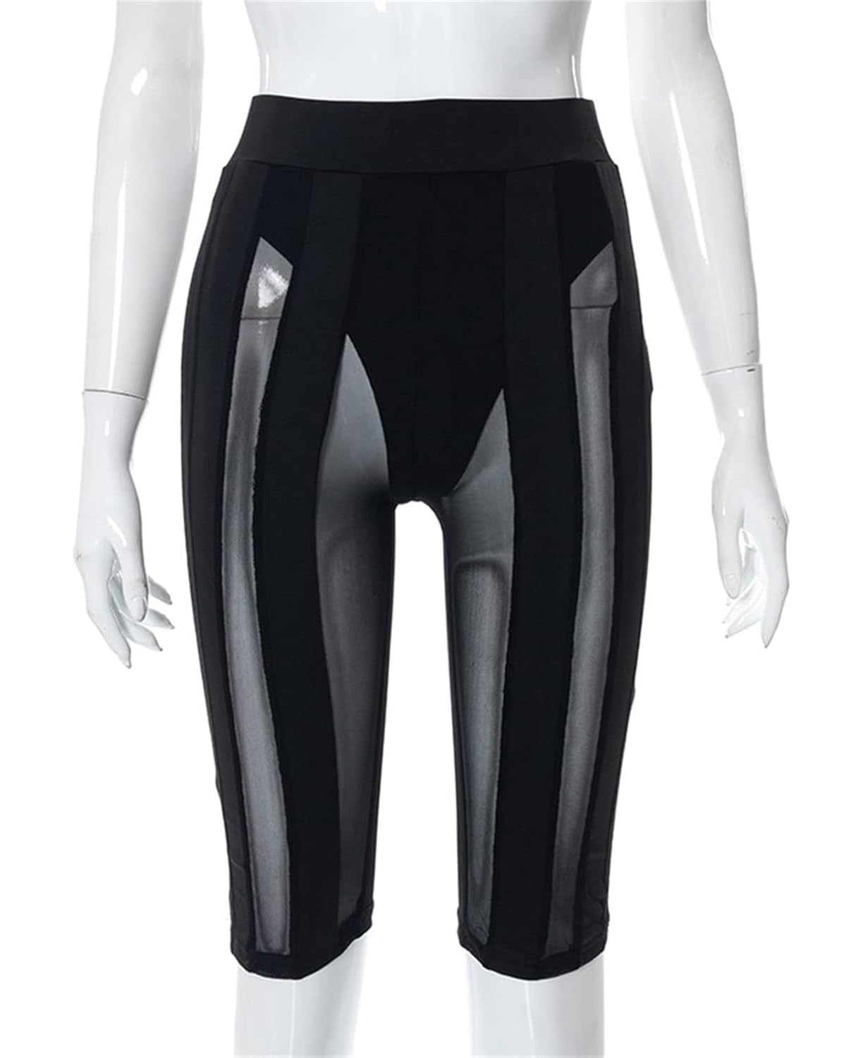 Atyfuniby High Waisted Leggings for Women - Striped Patchwork Sexy Skinny Mesh See Through Stretchy Knee Length Pants Clubwear Black S