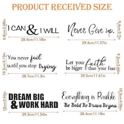 6 Sheets Decals for Walls, Inspirational Wall Stickers, Motivational Wall Decals Peel and Stick, Positive Saying Wall Art for Bedroom Office Teen Room Decor (Never Give up, Dream Big & More)