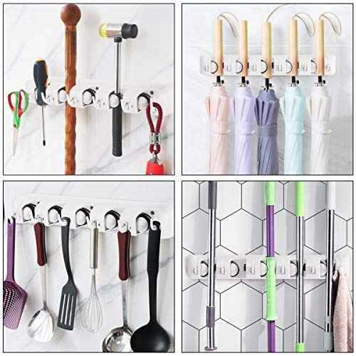 Tangkula Wall Mount Mop Broom Holder, Hanging Broom Organizer w/ 5 Slots & 6 Hooks, Home Storage Organizer Rack, Hanging Utility Rack for Home, Kitchen, Garage, Laundry (White)