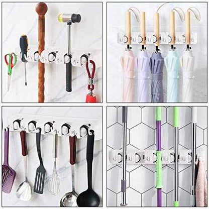 Tangkula Wall Mount Mop Broom Holder, Hanging Broom Organizer w/ 5 Slots & 6 Hooks, Home Storage Organizer Rack, Hanging Utility Rack for Home, Kitchen, Garage, Laundry (White)
