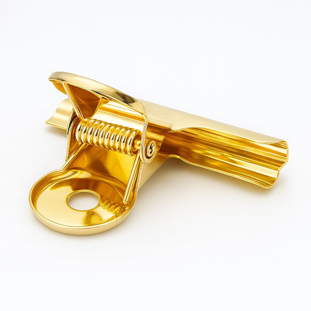 6PCS Bulldog Clip Gold Clips for Paper – Metal Binder Chip Retro Air Tight T Clamp Multi-Purpose for Food Bag Sealing Storage Hanging Invoice Bill, Kitchen Office Use, Heavy Duty Stainless Steel