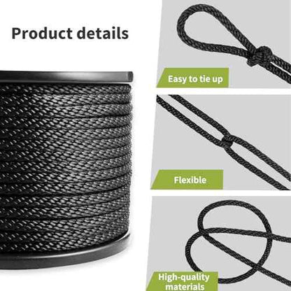 5/16 Inch 250FT Black Polyester Solid Braid Rope | High UV & Abrasion Resistance | Industrial Grade, Low Stretch | Multipurpose for Flag Poles, Clotheslines