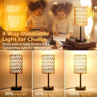 Rattan Table Lamps for Living Room, 3 Way Dimmable Touch Lamps, Small Bedside Lamps with LED Bulbs, Phone Stand, USB Ports and AC Outlet, Boho Nightstand Lamp for Kids Room, Bedroom, Office (2 Pack)