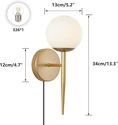 BOKT Mid Century Modern Globe Wall Sconce Set of Two Plug in Cord Brushed Gold Bathroom Wall Sconce Light Set of 2 Plug in Frosted White Glass Bedroom Plug in Wall Lamp (White)